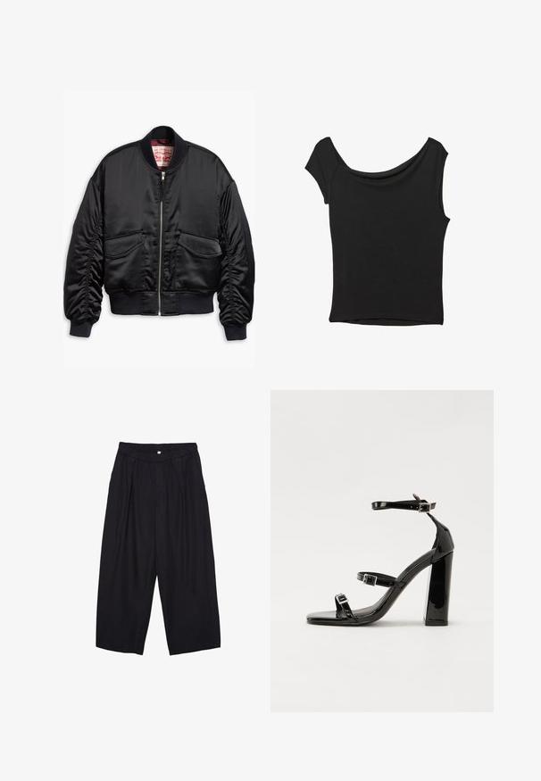 Črna bomber jakna iz gladkega materiala, z zadrgo spredaj, rebrastimi manšeti in dvema žepoma z našitkom ter elastičnim robom.; Črna kratka majica s kratkimi rokavi iz gladkega blaga; ima drapiran izrez in asimetrično spodnjo rob, s prilegnjenim telesom.; Črne poliesterske culotte hlače z elastičnim pasom, dvema sprednjima nabiranjema in ohlapnim krojem. Brez vidnih vzorcev ali kovinskih detajlov.; Črne lakirane sandale s peto, kvadratnim prstom, trakovi okrog gležnja in srebrnimi zaponkami. Opremljene so s stabilno Debelo peto.