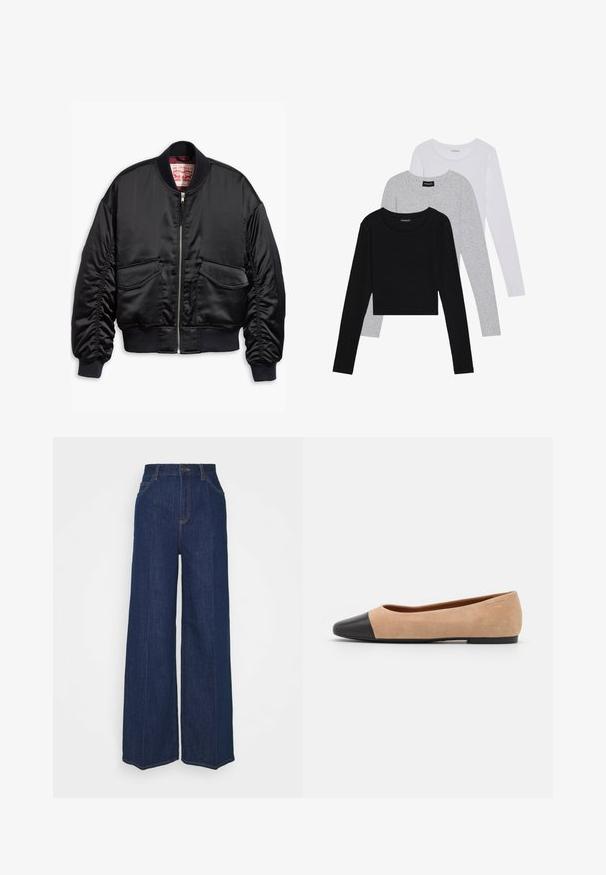Czarna bomberka wykonana z gładkiego materiału, z zamkiem błyskawicznym z przodu, ściągaczami przy mankietach i dwoma kieszeniami naszytymi z elastycznym dołem.; Trzy bluzki z długim rękawem ułożone jedna na drugiej: czarna, szara i biała. Każda z okrągłym dekoltem i skróconym fasonem, wykonana z gładkiego, lekkiego materiału.; Jeansy z wysokim stanem, szerokimi nogawkami w ciemnoniebieskim kolorze, z kieszeniami z przodu i z tyłu, z zapięciem na guzik oraz widocznymi detalami w stieniu.; Beżowe zamszowe baleriny z czarnym skórzanym okrągłym noskiem, niskim obcasem i gładką teksturą, charakteryzujące się minimalnym przeszyciem i prostym designem.