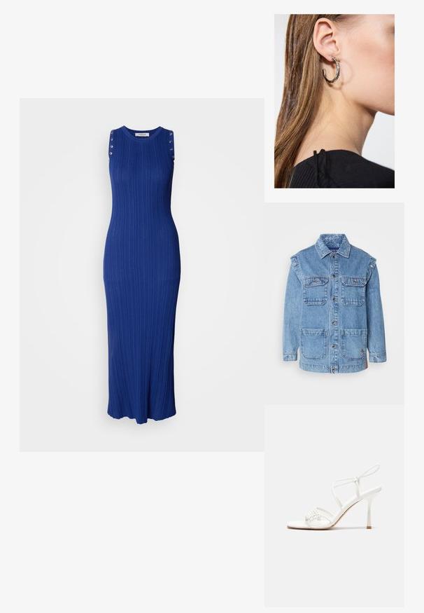 Lyseblå denimjakke med knaplukning på fronten, to brystlommer og to store lommer foran. Har forstærkede syninger og en afslappet pasform.; Halsløs maxi kjole i ribbet strik, lys blå farve, med metalliske knapdetaljer på skulderstropperne og en udvidet kant.; Hvide strop sandaler med høj hæl, flad tåbase, tekstureret forside med sammensunkne detaljer og en smal ankelrem.; Sølv hoop ørestik med en poleret overflade, prydet med små guld accenter og en rund form, båret på øreflippen.