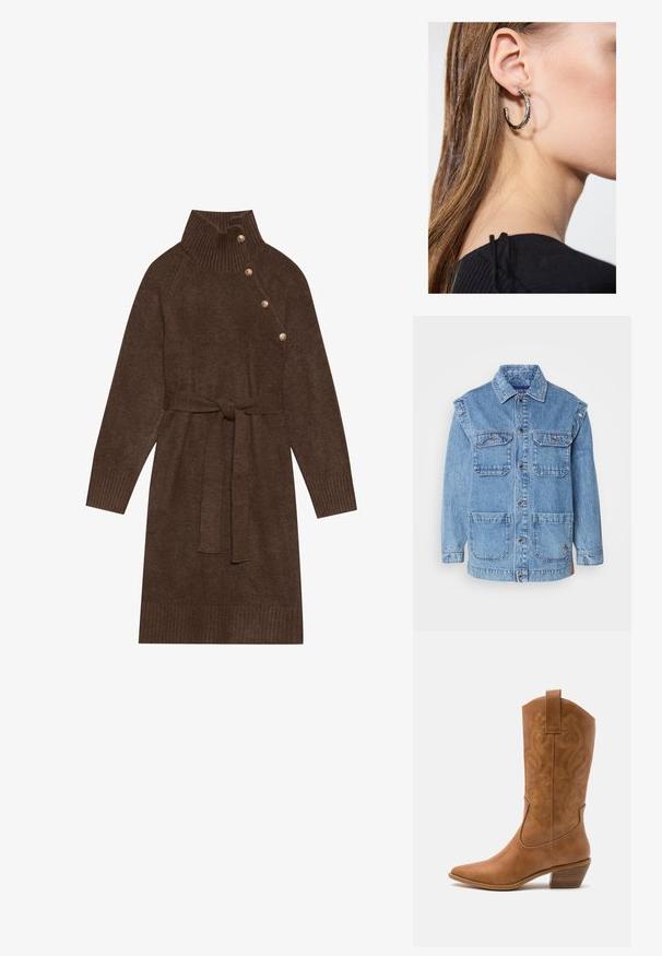 Lyseblå denimjakke med knaplukning på fronten, to brystlommer og to store lommer foran. Har forstærkede syninger og en afslappet pasform.; Brun strikket sweaterkjole med høj ribbet krave, sidelukning og en matchende stofbælte. Ribbet manchetter og søm tilføjer tekstur.; Tan læder cowboystøvle med spids tå, broderede svirvelmønstre på skaftet og en stablet blokhæl. Har en træksløjfe for nem af/på.; Sølv hoop ørestik med en poleret overflade, prydet med små guld accenter og en rund form, båret på øreflippen.
