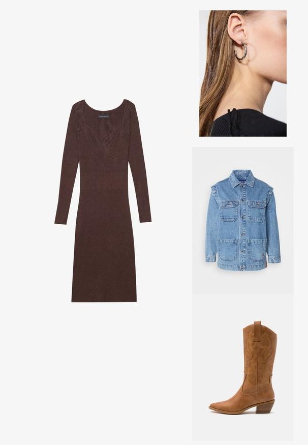 Svetlomodrá džínsová bunda s predným zapínaním na gombíky, dvoma vreckami na hrudi a dvoma veľkými prednými vreckami. Má zosilnené švy a voľný strih.; Hnedé rebrované šaty s dlhým rukávom a oválnym výstrihom, priliehajúceho strihu. Obsahuje V-športové šitie na korzete.; Hnedé kožené kovbojské topánky s špicatou špičkou, vyšívanými vírivkami na štýle a blokovým podpätkom. Obsahuje praktický pútko na ľahké obúvanie.; Strieborná kruhová náušnica s lesklým povrchom, obsahujúca malé zlaté akcenty a okrúhly tvar, nosená na lalôčiku ucha.
