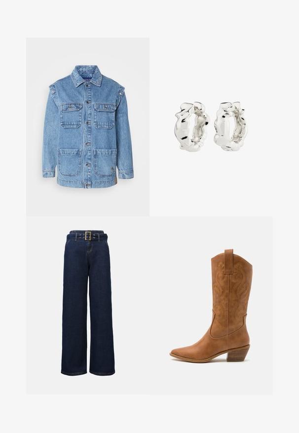 Vaaleansininen farkkutakki, jossa on nappikiinnitys, kaksi rintataskua ja kaksi suurta etutaskua. Sisältää vahvistetut saumat ja rennon istuvuuden.; Napapaita, jossa on pystysuorat raidat sinisen, mustan ja valkoisen sävyissä. Valmistettu sileästä kankaasta, jossa on klassinen kaulus ja nappisuljenta.; Tummansiniset leveälahkeiset farkut, joissa on ommellut taskut ja vastaava vyö, jossa on suuri suorakulmainen kultainen solki.; Ruskean nahkainen cowboy-saapas, jossa on terävä kärki, brodeeratut pyörteiset kuviot varressa ja kerroslohko korko. Varustettu nostonipulla helpottamaan pukemista.; Hopeilevyt, joissa on teksturoitu ja epäsäännöllinen muotoilu. Pinta on heijastava, ja siinä on kaarteita ja ääriviivoja. Sisätila on ontto.