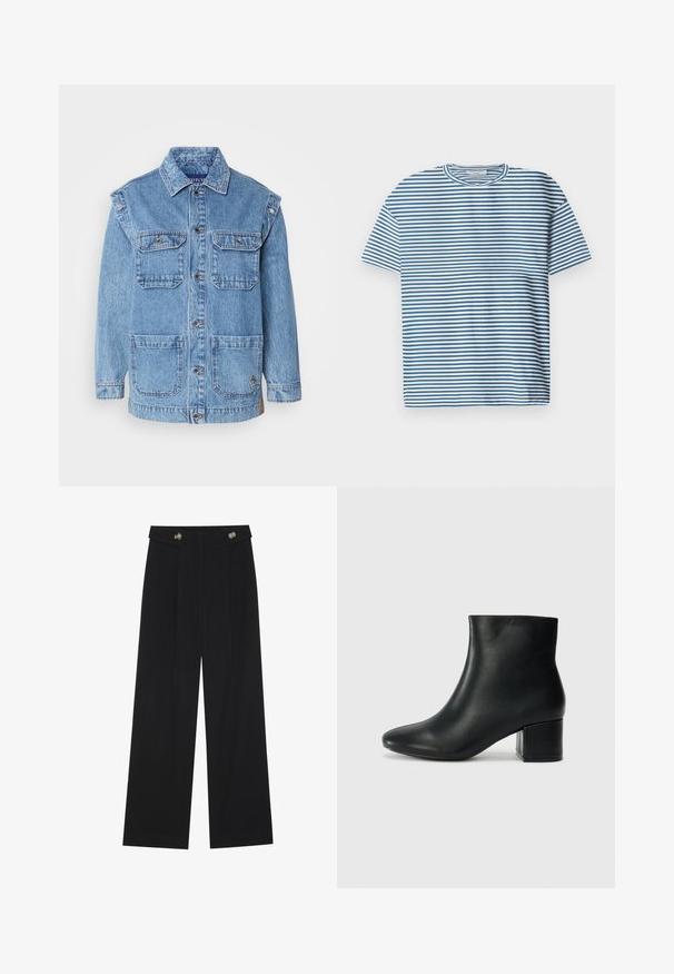 Lichtblauwe spijkerjack met een knoopsluiting aan de voorkant, twee borstzakken en twee grote voorzakken. Heeft versterkte stiksels en een casual pasvorm.; Gestreept T-shirt in lichtblauw en wit, met korte mouwen en een ronde hals. Gemaakt van gladde, ademende stof.; Zwarte wijde broek met hoge taille, knoopdetails op de tailleband en plooien aan de voorkant.; Zwarte leren enkellaarzen met een spitse neus en een chunky hak. Gladde textuur met minimale accenten en een slank, strakk ontwerp.