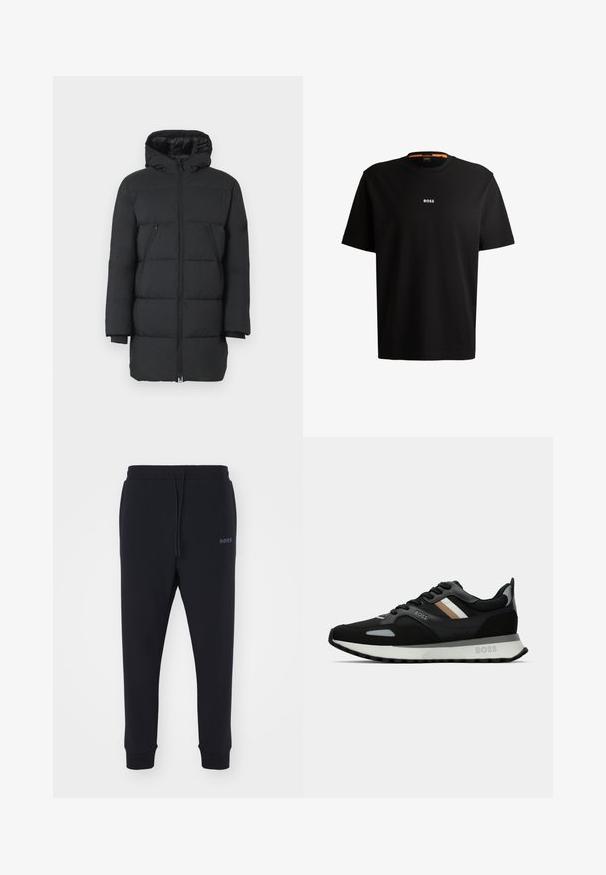 Mustapuffer takki, jossa on huppu, pystytuotantoa, kaksi vetoketjullista sivutaskua ja ribatut hihnat. Sujuva kangas, jossa on kiiltävä pinta.; Mustia puuvillapaita, jossa on pyöreä kaula-aukko, lyhyet hihat ja valkoinen "BOSS"-logo rinnassa keskellä. Sileä rakenne, rento istuvuus.; Mustat verkkarit, jotka on valmistettu pehmeästä materiaalista, jossa on elastinen vyötärö, nyöri ja kapenevat lahkeet. Sivulla on pieni logo.; Musta juoksukenkä, jossa on tekstuuroitu pinta, vaaleanharmaita yksityiskohtia ja kolme vaaleanruskeaa vaakaraitaa. Kenkässä on valkoinen pehmustettu pohja.