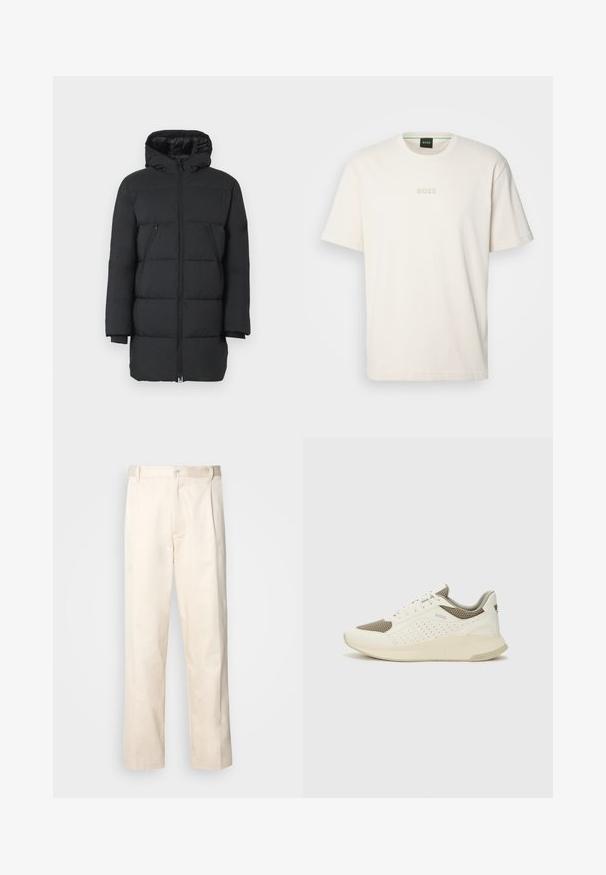 Casaco puffer preto com capuz, costura vertical, dois bolsos laterais com fecho éclair e punhos canelados. Tecido suave com acabamento brilhante.; BOSS TEE - T-shirt básica - open white; Calças de algodão bege com corte reto, apresentando um fecho de botão e pregas na frente para um detalhe adicional.; Sapatilha atlética branca e bege claro, com parte superior em malha, detalhes perfurados e uma entressola texturizada com marcação no calcanhar.