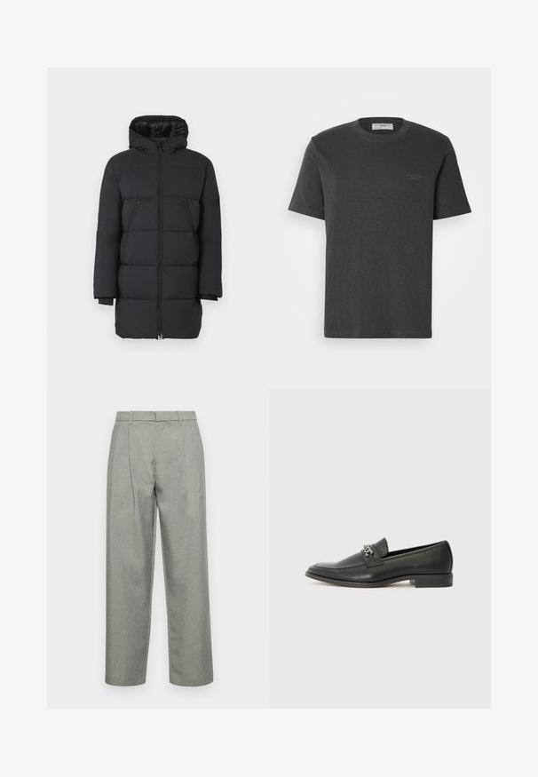 Svart pufferjakke med hette, vertikal søm, to glidelås-lommer på sidene og ribbestrikkede mansjetter. Glatt stoff med en blank overflate.; Mørk grå bomulls t-skjorte med korte ermer og rund hals. Har en subtil merkevarelogo i øvre venstre hjørne. Myk tekstur.; Grå skreddersydde bukser laget av teksturert stoff, med rett benkonstruksjon, frontfold og standard midje med beltesløyfer.; Sorte skinnloafers med en glatt finish, og med en sydd design og en dekorativ metallkjedeakcent over foten. Flat hæl.