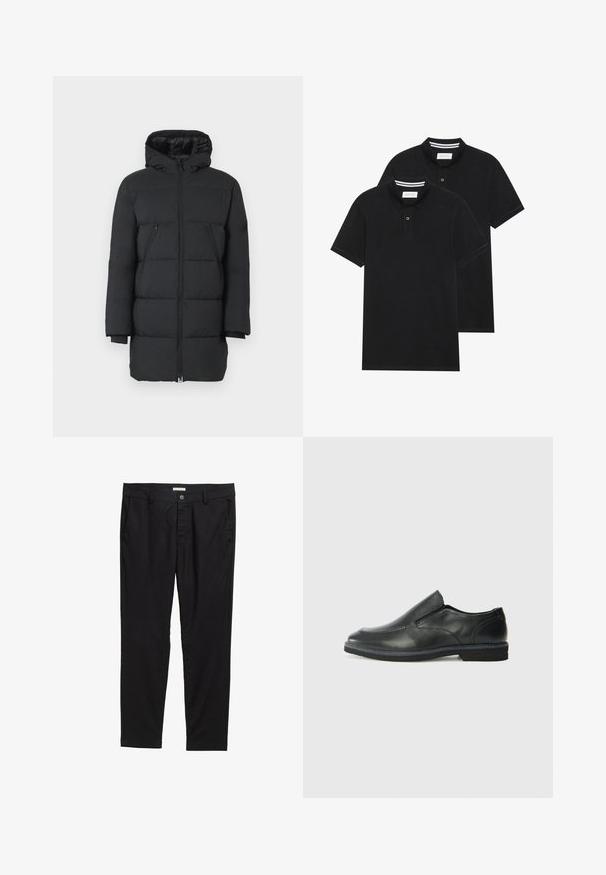 Crna puf jakna s kapuljačom, vertikalnim šavovima, dva zip zatvorena bočna džepa i rebrastim manžetama. Glatka tkanina s sjajnim završnim slojem.; Dva crna polo majice, kratki rukavi, pamučni materijal, sa klasičnom ovratnikom, čepom sa dva gumba i bijelim prugastim detaljima unutar ovratnika.; Crne hlače od glatkog materijala, s kopčanjem na gumbe, dva prednja džepa i krojem koji se lijepo uklapa.; Crne kožne cipele na sklapanje s glatkom gornjom površinom, prošivenim detaljima, zaobljenim vrhom i niskim gumene potplate. Potplat ima minimalne uzorke.