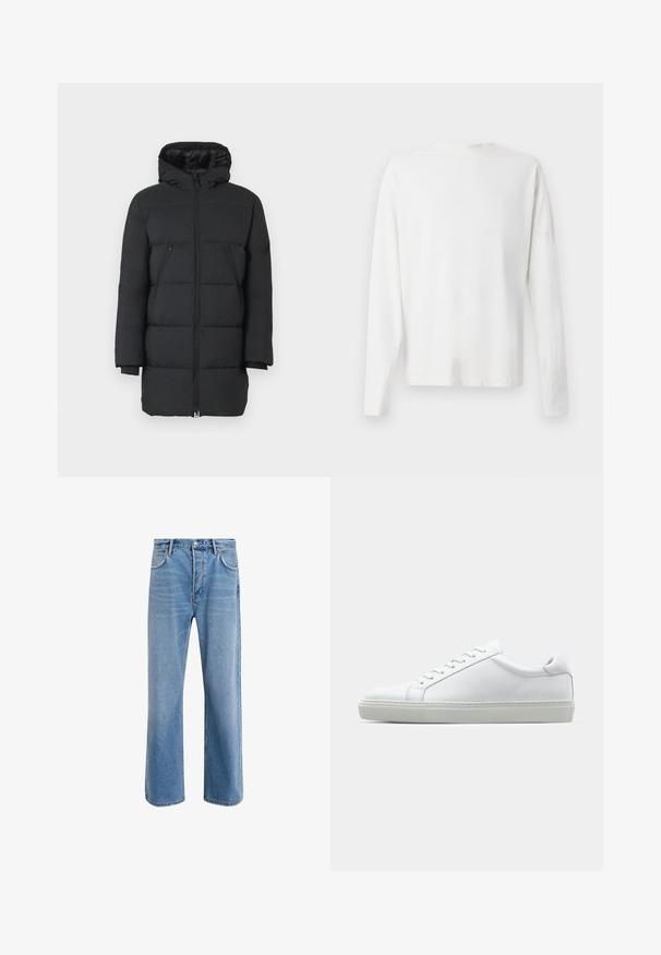 Sort pufferjakke med hætte, lodret syninger, to lynlåslommer på siden og ribbede manchetter. Glat stof med en blank finish.; Langærmet hvid bomulds skjorte med rund halsudskæring, sideslids i bunden og en glat overflade, vist bagfra.; Lyseblå denim jeans med lige ben-design, fem lommer, knaplukning, minimal falming og kontraststingdetaljer.; Hvide sneakers med en glat læderoverdel og lav profil. Har en rund tå, seks snørehuller og en tekstureret gummisål.
