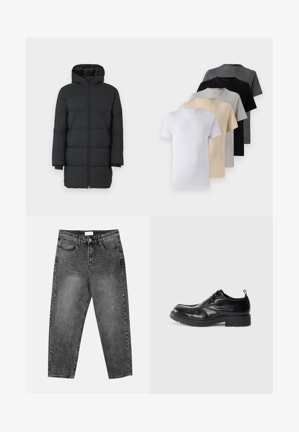 Mustmust musta jope, millel on kapuuts, vertikaalne õmblus, kaks tõmbluku taskut külgedel ja soonikuga mansetid. Sile kangas läikiva viimistlusega.; Viie lühikese varrukaga T-särgi komplekt, mis sisaldab valget, beeži, heletüüki, tumehallit ja musta. Valmistatud siledast puuvillast, ümmarguse kaela disainiga.; Mustad pestudega sirged teksad, millel on ees ja taga taskud, vööniidid ja nööbiga sulgemine vöö ümber.; Must musta kingad, ümarate varvastega, nööpidega esiosaga ja dekoratiivse õmblusega. Omab paksu, tekstureeritud kummist talla ja kandetappi.