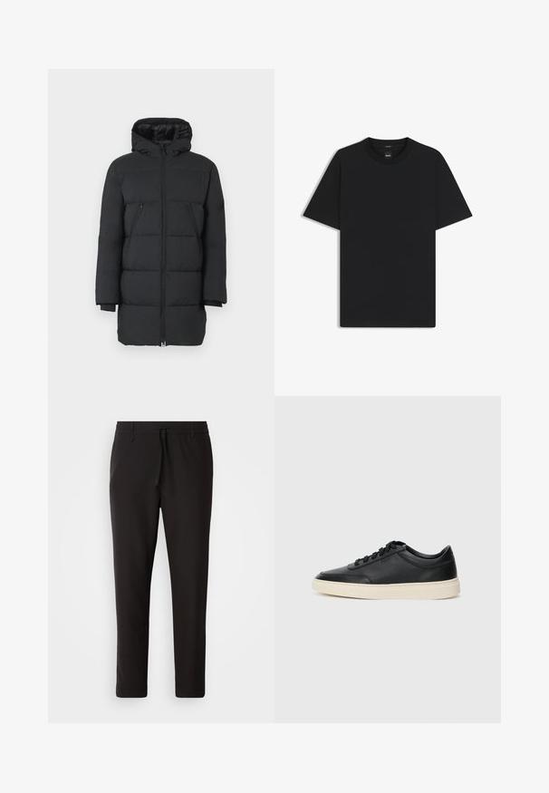 Sort pufferjakke med hætte, lodret syninger, to lynlåslommer på siden og ribbede manchetter. Glat stof med en blank finish.; Sort kortærmet T-shirt lavet af en glat bomuldsblanding, med en rund halsudskæring og et minimalistisk design uden mønstre eller accenter.; Sorte joggebukser lavet af glat stof. Har en elastisk talje med snor, tætsiddende ben og ingen synlige lommer. Enkel design.; Sort lavt top lædersneaker med sorte snørebånd og off-white sål vist i sideprofil på hvid baggrund.