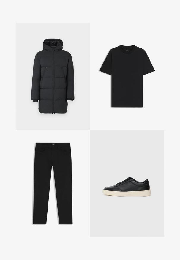 Sort pufferjakke med hætte, lodret syninger, to lynlåslommer på siden og ribbede manchetter. Glat stof med en blank finish.; Sort kortærmet T-shirt lavet af en glat bomuldsblanding, med en rund halsudskæring og et minimalistisk design uden mønstre eller accenter.; Sorte denimbukser med lige pasform, der har en standard talje, fem lommer og en knaplukning. Glat struktur over det hele.; Sort lavt top lædersneaker med sorte snørebånd og off-white sål vist i sideprofil på hvid baggrund.