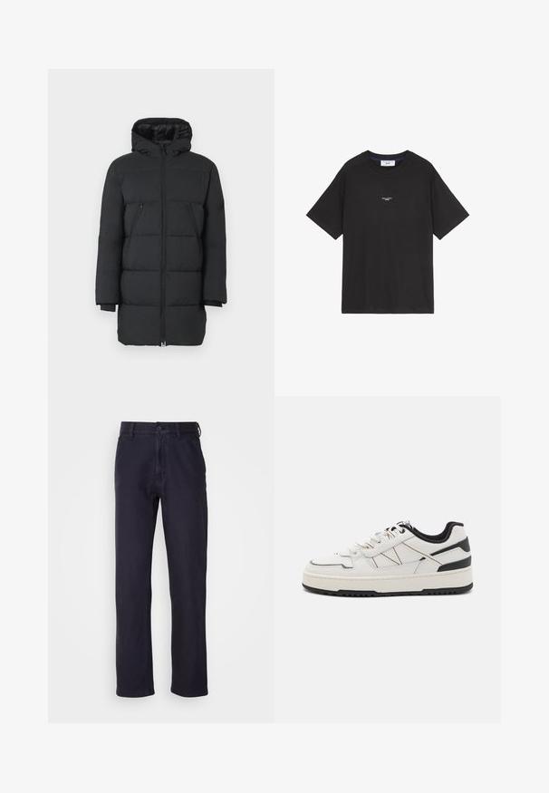 Mustmust musta jope, millel on kapuuts, vertikaalne õmblus, kaks tõmbluku taskut külgedel ja soonikuga mansetid. Sile kangas läikiva viimistlusega.; Mustmust värvi puuvillane T-särk ümmarguse kaelusega ja lühikeste varrukatega. Ees on väike valge logo detail. Lihtne disain, mugav lõige.; Tumed šinod, mis on valmistatud puuvilla segukangast, lukuga kinnitusega, sirgete jalgadega ja minimaalsete detailidega klassikalise välimuse jaoks.; Valge nahkne tennisetäht musta kanna aktsendiga, tekstuurse tallaga ja õmmeldud detailidega. Omab lipsu ees ja külgtriibusid.