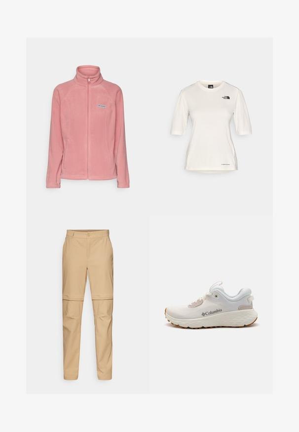 Columbia BENTON SPRINGS™ FULL ZIP - Jakna iz flisa - pink agave; The North Face SHADOW SHORT SLEEVE - Športne majice - white dune; Bež hlače s cepitvijo, z ravnim sprednjim delom, gumbnim zapiranjem in zoženimi hlačnicami. Iz lahkega materiala z gladko teksturo.; Lahka športna obutev Columbia v beli mreži z teksturiranim sivim podplatom in gumijastim oprijemom. Ima podloženi ovratnik in vezalni dizajn.