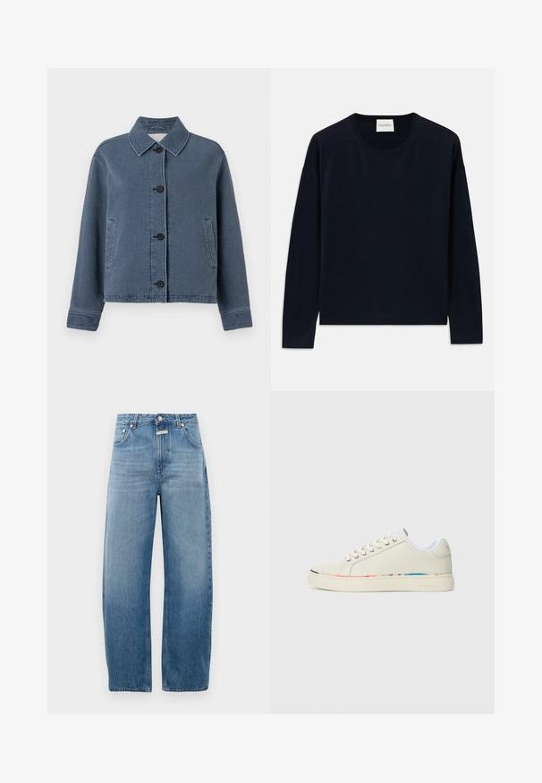 Blauwe denimjack met textuur, voorzien van een colbertkraag, knoopsluiting aan de voorkant, twee zijzakken en geribbelde manchetten.; Maritime langermige crewneck top van zachte, gladde stof met een relaxte pasvorm. Kenmerken zijn ribgebreide manchetten en zoom, en een label bij de hals.; Lichtblauwe denim jeans, hoge taille, met een rechte pijp. Bevat een klassiek vijf-pocket ontwerp en een metalen knoopsluiting.; Off-white laag-top sneaker met vetersluiting, witte binnenvoering en subtiele multicolor rand langs de zool, zijaanzicht.