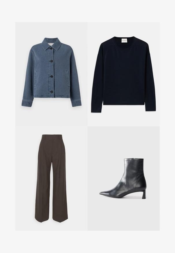 Giacca in denim blu con texture, colletto, chiusura frontale con bottoni, due tasche laterali e polsini a costine.; Maglietta a maniche lunghe navy con scollo rotondo in tessuto morbido e liscio, dal taglio rilassato. Presenta polsini e orlo a costine, etichetta sul collo.; Pantaloni ampi marrone scuro con vita alta, caratterizzati da pieghe ben stirate, una texture liscia e una vestibilità su misura.; Stivaletto in pelle nera con punta affusolata e design elegante. Presenta un tacco basso e una chiusura con zip sul retro. Texture liscia.