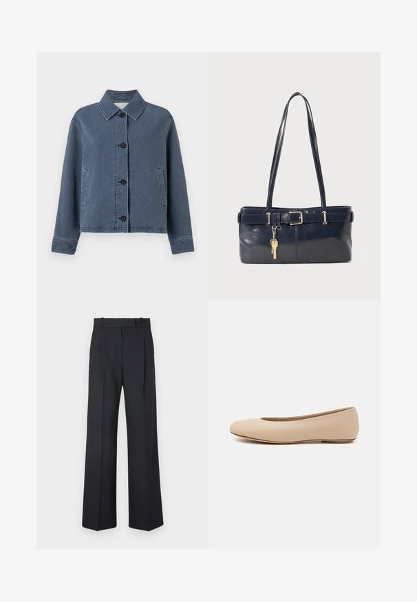 Giacca blu testurizzata con colletto, chiusura frontale con bottoni e due tasche laterali. Presenta un design a coste e maniche lunghe.; Camicia abbottonata a righe navy e bianche, maniche lunghe, con taschino sul petto e colletto classico, realizzata in tessuto leggero.; Pantaloni a righe blu scuro con vita alta, design a gamba larga e senza hardware o decorazioni visibili. Tessuto liscio e vestibilità sartoriale.; Ballerine in pelle beige con punta arrotondata, dettagli di cucitura minimi, tacco basso e logo discreto sul retro. Texture liscia e opaca.; Borsa a mano in pelle blu con due manici lunghi, un dettaglio con fibbia e un portachiavi attaccato. Presenta una texture liscia e una forma rettangolare.
