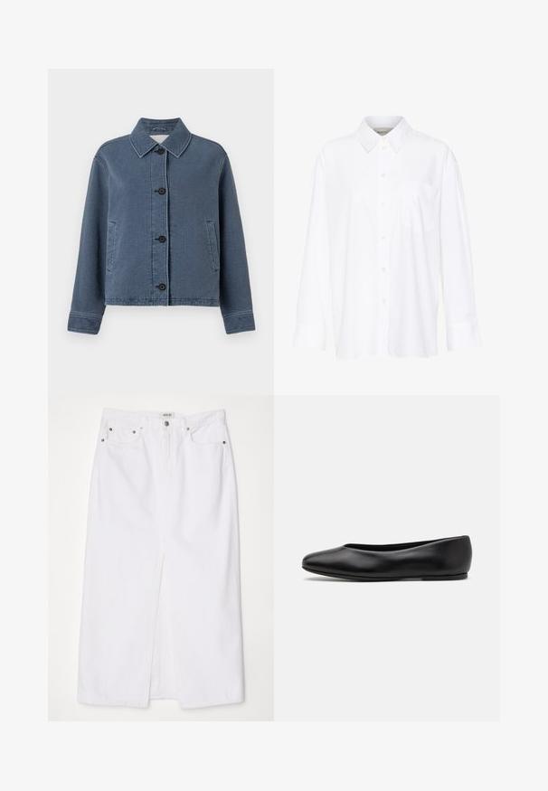 Blue textured denim jacket with a collared neckline, front button closure, two side pockets, and ribbed cuffs.; White long-sleeve collared shirt made of cotton. Features a button-down front and a single chest pocket. Smooth texture, relaxed fit.; White denim skirt featuring a front slit, five-pocket design, metal button and zipper closure, and stitched hem details.; Paul Smith TOPANGA - Ballet pumps - black