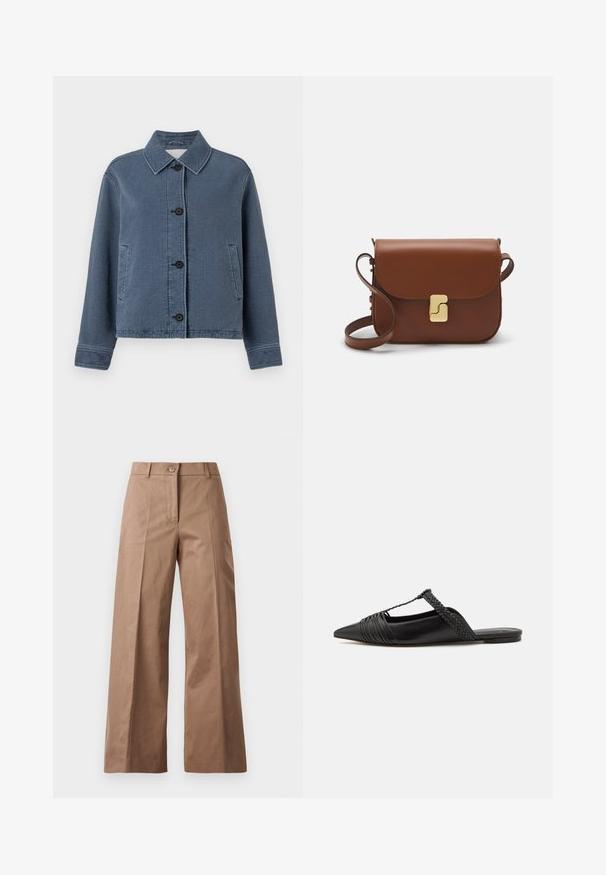 Niebieska, teksturowana kurtka dżinsowa z kołnierzykiem, zapinana na guziki z przodu, z dwoma bocznymi kieszeniami i prążkowanymi mankietami.; Koszula w kratę z usztywnionym kołnierzykiem, z niebieskimi, beżowymi i różowymi wzorami w kratkę, długimi rękawami i czarnymi guzikami z przodu.; Brązowe spodnie szerokie, wykonane z gładkiego materiału, z zamknięciem na guzik z przodu, dwiema przednimi kieszeniami oraz czystymi, dopasowanymi liniami.; Czarny skórzany but na odkrytej pięcie z pointed toe, ozdobiony plecionym akcentem i plisowanym wzorem górnej części. Płaska podeszwa z minimalnymi elementami.; Brązowa skórzana torebka na ramię z klapką, złotymi detalami, paskiem na ramię i gładką teksturą. Kompaktowy prostokątny kształt.