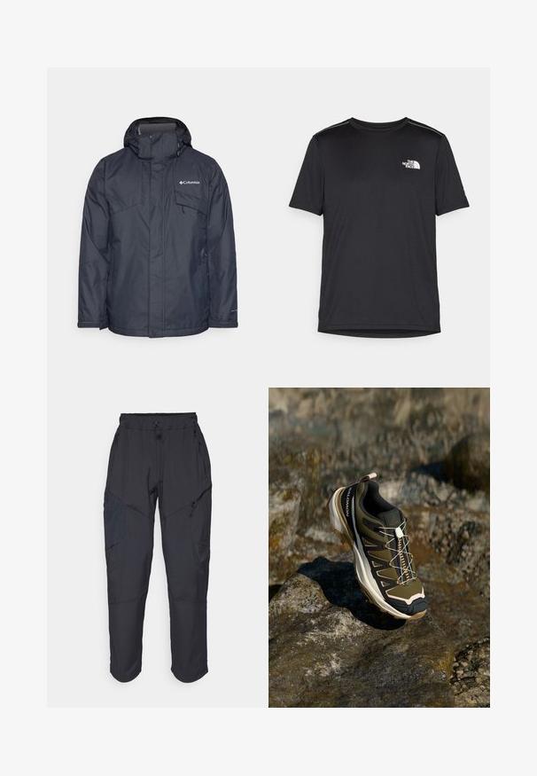 Giacca impermeabile blu scuro con cappuccio, zip frontale e molteplici tasche. Realizzata in tessuto liscio con finitura opaca e caratteristiche regolabili.; T-shirt nero a maniche corte realizzata in tessuto leggero. Presenta un piccolo logo bianco sul lato sinistro del petto e delicati dettagli sulle spalle.; Pantaloni cargo neri realizzati in un materiale leggero e resistente all'acqua; presentano una vita elastica, diverse tasche con zip e gambe affusolate.; Scarpe da escursionismo in verde oliva e nero con dettagli rosa. Presentano una parte superiore testurizzata, suola flessibile, puntale rinforzato e un vivace sistema di allacciatura.