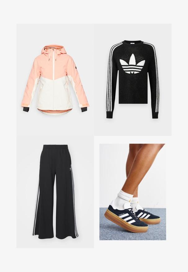 Women's winter jacket in light peach and white, featuring a hood, zip closure, adjustable cuffs, and side pockets. Smooth, water-resistant fabric.; Black knitted sweater featuring a white Adidas trefoil logo and three white stripes on each sleeve. Textured fabric with slight shimmer.; Black wide-leg sweatpants with an elastic waistband, featuring white side stripes and an embroidered logo on the left thigh.; Black suede sneakers with white stripes and accents, rounded toe, gum rubber outsole, paired with white ribbed crew socks.