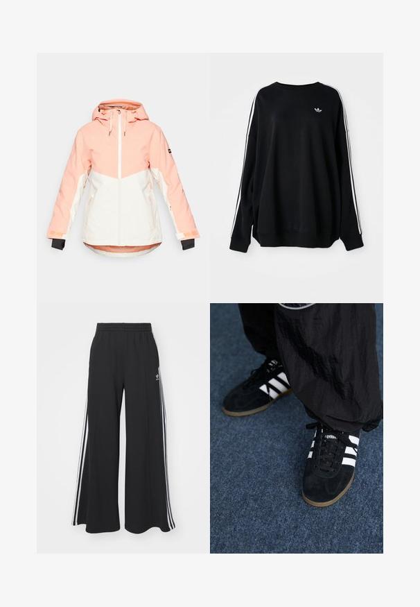 Naisten talvitakki vaalean persikanvärisenä ja valkoisena, jossa on huppu, vetoketjusuljenta, säädettävät hihansuut ja sivutaskut. Sileä, vettä hylkivä kangas.; Mustahdud must hoodie mwelek mwekweli, yenye mistari meupe kwenye mikono na nembo ndogo kwenye kifua. Mduara wa shingo.; Mustat löysät verkkarit, joissa on joustava vyötärö, valkoiset sivuraidat ja brodeerattu logo vasemmassa reidessä.; Musta samettiset urheilukengät, joissa on kolme valkoista raitaa ja mustat nauhat. Teksturoitu musta housu on osittain näkyvissä kenkien vieressä.