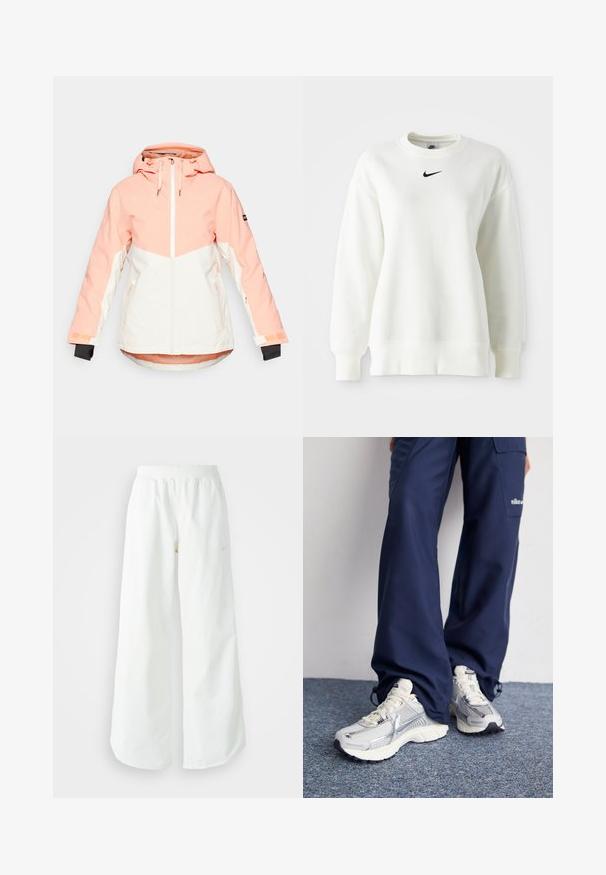 Kurtka zimowa damska w jasnym brzoskwiniowym i białym kolorze, z kapturem, zapięciem na zamek, regulowanymi mankietami i bocznymi kieszeniami. Gładki, wodoodporny materiał.; Biała bluza z okrągłym dekoltem, uszyta z miękkiej bawełny, z obniżonymi ramionami oraz czarnym logo Nike umieszczonym na środku klatki piersiowej. Ribbowane mankiety i dół.; Białe szerokie spodnie sportowe z podwyższonym stanem i subtelnym logotypem. Gładki materiał z luźnym krojem i zwężającym się dołem.; Buty sportowe Nike z górą z siateczki w kolorze srebrnym, białymi akcentami i teksturowanymi podeszwami, w połączeniu z luźnymi granatowymi spodniami.