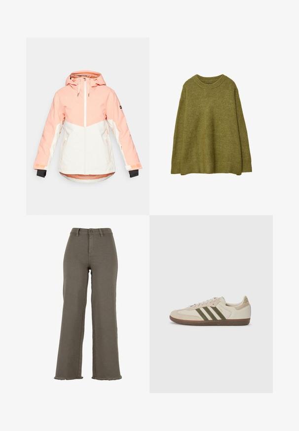 Naisten talvitakki vaalean persikanvärisenä ja valkoisena, jossa on huppu, vetoketjusuljenta, säädettävät hihansuut ja sivutaskut. Sileä, vettä hylkivä kangas.; Ylihäntä olivevihreä neulepaita, jossa on ribatty pyöreä pääntie ja helma. Kankaan pinta on pehmeä ja siinä on hienovarainen kiilto. Rennon mallinen, pitkät hihat.; Olivi vihreät leveät housut, jotka on valmistettu denimestä ja joissa on nappikiinnitys, revityt helmukset ja etutaskut. Tasainen rakenne koko pitkä.; adidas Originals SAMBA OG UNISEX - Matalavartiset tennarit - alumina/medium dark khaki/gum