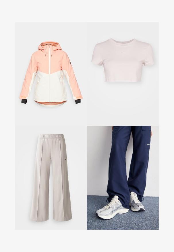 Ženska zimska jakna u svijetlo breskvastej i bijeloj boji, s kapuljačom, zatvaranjem na zip, podesivim manžetnama i bočnim džepovima. Glatka, vodootporna tkanina.; Skraćeni majica u svijetlo ružičastoj boji, izrađena od mekog materijala. Ima okrugli izrez i kratke rukave s malim bijelim Nike logotipom na prsima.; Svijetlosive hlače širokih nogavica od glatkog materijala. Imaju elastičnu traku u struku i crni Nike logo na lijevoj strani.; Nike atletske tenisice sa srebrnom mrežom, bijelim naglascima i strukturiranim potplatima, u kombinaciji s širokim tamnoplavim hlačama.