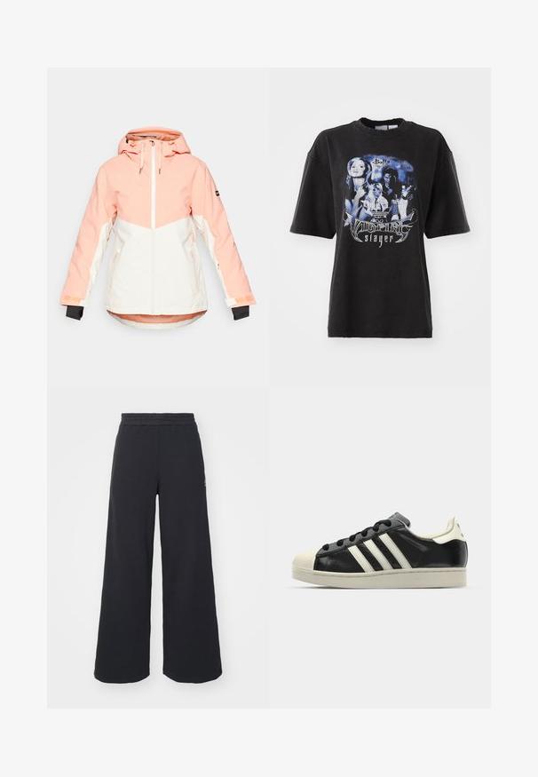 Damen Winterjacke in hellem Pfirsich und Weiß, mit Kapuze, Reißverschluss, verstellbaren Bündchen und Seitentaschen. Glattes, wasserabweisendes Material.; Schwarzes, übergroßes T-Shirt aus Baumwolle mit einem grafischen Druck in Blautönen, der Bilder und Texte im Zusammenhang mit "Buffy – Die Vampirjägerin" zeigt.; Schwarze weite Sweatpants aus weichem Material, mit einem elastischen Taillenbund und einem kleinen Logo auf der linken Seite.; Schwarze Ledersneaker mit weißen Streifen, Gummikappe, schwarzen Schnürsenkeln und einer cremefarbenen Sohle. Glatte Textur mit glänzender Oberfläche.