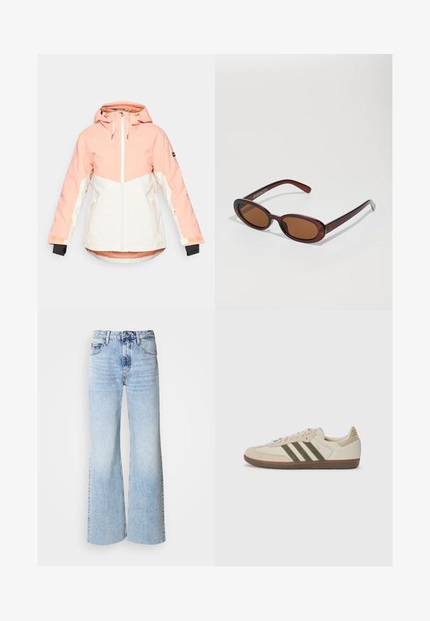 Kvinnors vinterjacka i ljus persika och vitt, med huva, dragkedjestängning, justerbara ärmslut och sidofickor. Slät, vattenavvisande tyg.; Vit bomulls-T-shirt med avslappnad passform, korta ärmar, rund halsringning och inga synliga mönster eller dekorationer. Slät textur.; Ljusblå vida jeans med blekt denimtextur, hög midja och klassisk femficksdesign. Har en knapp- och dragkedjestängning.; adidas Originals SAMBA OG UNISEX - Sneakers - alumina/medium dark khaki/gum; Runda, bruntonade solglasögon med en glansig bordeauxfärgad ram. Smala bågar med subtilt varumärkesdetalj. Platt linsdesign.