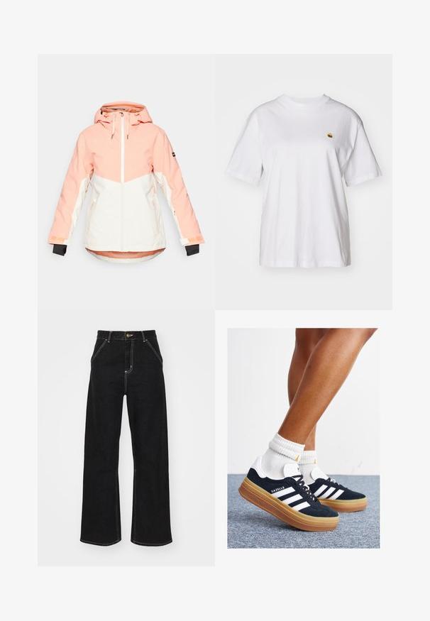 Ženska zimska jakna u svijetlo breskvastej i bijeloj boji, s kapuljačom, zatvaranjem na zip, podesivim manžetnama i bočnim džepovima. Glatka, vodootporna tkanina.; Bijela pamučna majica s opuštenim krojem, kratkim rukavima i malim izvezenim logom na lijevoj strani prsnog dela.; Crne široke traperice izrađene od denima, s kontrastnim bijelim šavovima i prednjim kopčanjem na dugme, s dva koso oblikovana prednja džepa.; Crne tenisice od brušene kože s bijelim prugama i detaljima, okruglim vrhom, gumeni potplat boje gume, uparene s bijelim rebrastim čarapama.