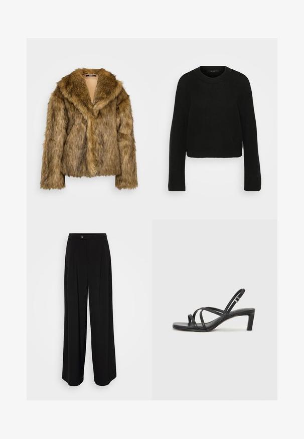 Gina Tricot Tall Giacca invernale - brown melange; Maglione nero a maglia con girocollo e maniche lunghe. Presenta un motivo testurizzato e un design corto.; Pantaloni a gamba larga neri con un tessuto liscio, dotati di chiusura con bottone, pieghe sul davanti e design a vita alta.; Sandalo nero con cinturini, dalla punta squadrata e tacco basso a blocco. Presenta diversi cinturini sottili e una cinturini regolabile alla caviglia. Realizzato in pelle liscia.