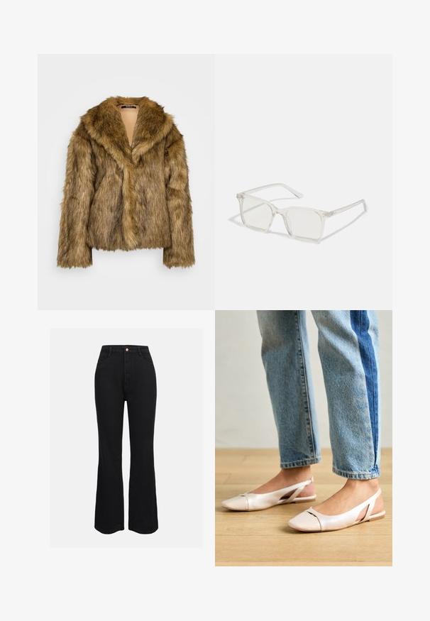 Gina Tricot Tall Winter jacket - brown melange; Two long-sleeve tops: one black and one white. Both feature a round neckline and a smooth, ribbed texture. Brand label visible inside neckline.; Black high-waisted flared jeans made of denim, featuring traditional pockets and a front button closure. Smooth texture and consistent color.; Pale pink slingback flats with a pointed toe, made from a smooth leather-like material. Features cut-out details at the sides and a flat heel.; Clear plastic square-frame glasses with translucent lenses, featuring gold accents on the temples for added detail.