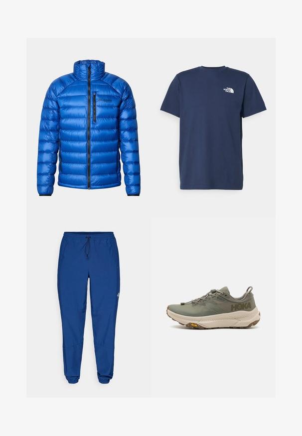 Blauwe geïsoleerde pufferjack met een voorrits, een ritszak op de borst, zijzakken en het Columbia Titanium-logo op de linkerborst.; Marineblauwe katoenen t-shirt met korte mouwen en ronde hals. Heeft een klein wit logo op de linkerkant van de borst. Gladde textuur.; Blauwe lichtgewicht joggerbroeken met een elastische tailleband, trekkoord en elastische boorden. Voorzien van zijzakken en een logo nabij het onderbeen.; Groene Hoka hardloopschoen met Gore-Tex bovenwerk, gestructureerde accenten, elastische veters en dikke beige buitenzool met Vibram-logo.