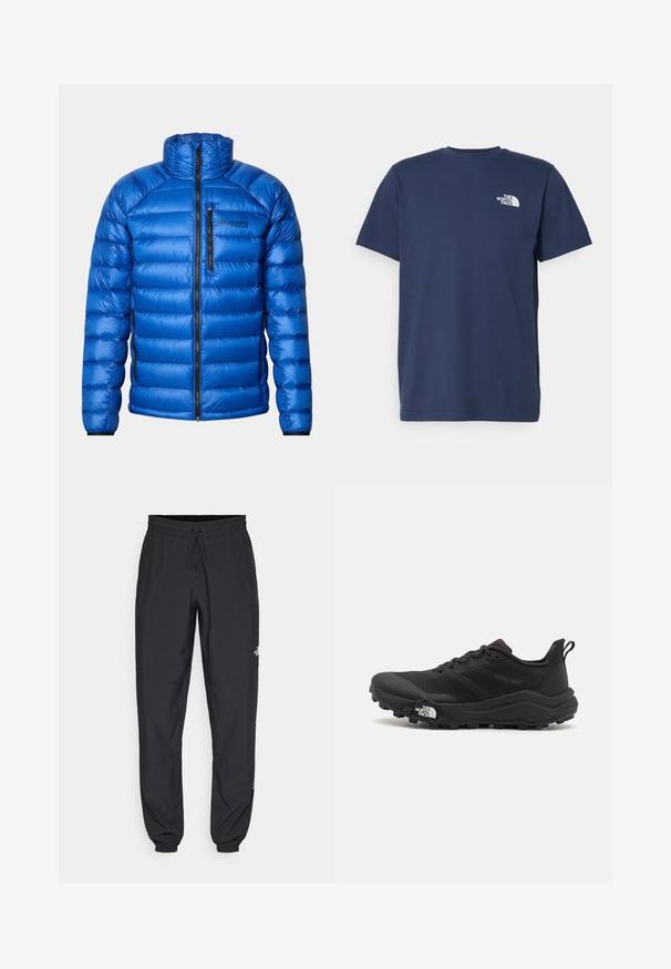 Blue insulated puffer jacket with a front zipper, chest pocket zipper, side pockets, and Columbia Titanium logo on the left chest.; Navy blue cotton t-shirt with short sleeves and crew neckline. Features a small white logo on the left chest. Smooth texture.; Black athletic pants made from lightweight fabric, featuring a drawstring waistband, side pockets, and tapered cuffs at the ankles.; Black trail running shoe with a textured upper, rubber sole, and reinforced toe cap. Features a padded collar and pull tab for easy wear.