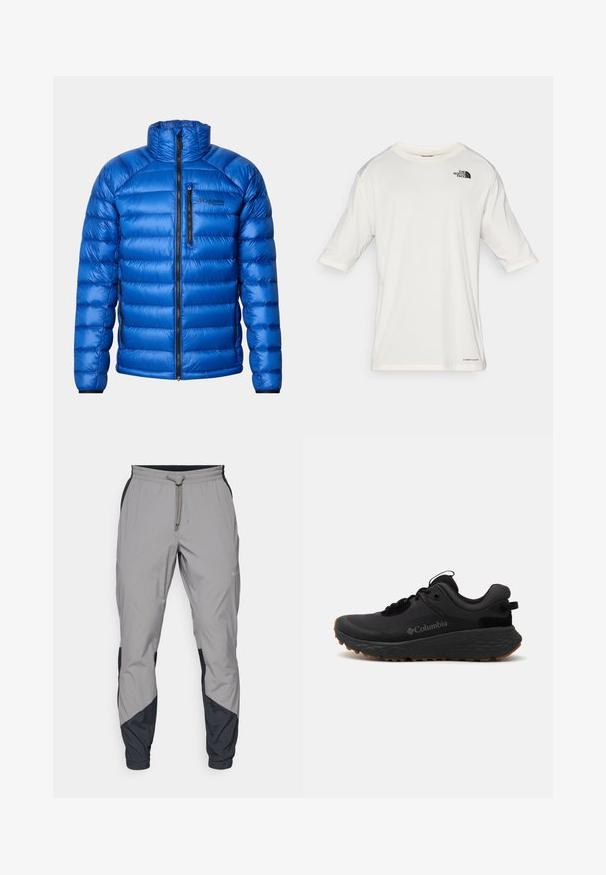 Kék szigetelt steppelt dzseki elülső cipzárral, mellel zippelhető zsebbel, oldalsó zsebekkel és Columbia Titanium logóval a bal mellen.; Fehér rövid ujjú környakú póló, a bal mellen The North Face logóval és "Lightrange" felirattal az alján.; Könnyű, szürke sportnadrág fekete részletekkel. Rugalmas derékpánt, zsinóros zárás, szabott lábszár kialakítás és oldalsó zsebek.; Fekete Columbia sportcipő struktúrált felülettel, párnázott nyakkal és gumitalppal, amelyen jellegzetes mintázat található a tapadás érdekében.