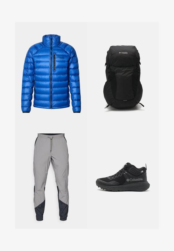 Blue insulated puffer jacket with a front zipper, chest pocket zipper, side pockets, and Columbia Titanium logo on the left chest.; Light gray long-sleeve t-shirt made of soft, textured fabric. Features a crew neck and a small blue Patagonia logo on the chest.; Lightweight, gray athletic pants with black accents. Elastic waistband, drawstring closure, tapered leg design, and side pockets.; Black hiking shoes with a mesh upper, textured accents, a cushioned sole, and a prominent logo. Features a secure lace system and pull tab.; Black backpack with a rounded top, made from durable fabric. Features side mesh pockets and a rain cover label at the bottom.