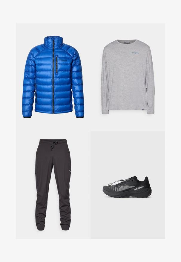 Blå isolert pufferjakke med frontlås, glidelås på brystlommen, sidelommer og Columbia Titanium-logo på venstre bryst.; Lys grå langermet t-skjorte laget av myk, teksturert stoff. Har rund hals og en liten blå Patagonia-logo på brystet.; Sorte joggebukser med snøring, side lommer, noe rynket stoff, og en liten synlig logo på høyre lår.; Svart terrengløpesko med teksturert mesh-overdel, reflekterende detaljer, polstret såle og elastisk snøresystem. Logo på siden.
