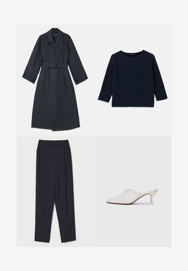 Tamsiai pilkas paltas su aukštu apykakle, diržu liemens, dviem šoninėmis kišenėmis ir plačiomis rankovėmis. Pagamintas iš tekstūruoto audinio su švariu dizainu.; Tamsiai mėlynas megztinis su apvaliu iškirpimu ir trim ketvirčiais raglan rankovėmis. Pasižymi tekstūriniu raštu ir žaliuoju apdailos detalėmis.; Tamsiai mėlynos kelnės, pagamintos iš minkštos medžiagos, su pūtimis ir tiesiomis kojomis, standartiniu juosmeniu bei šoniniais kišenėmis.; Baltos tinklelio smailiakojės mules su plonu vidutinio aukščio kulnu ir užkulnio dizainu ant vientiso fono.