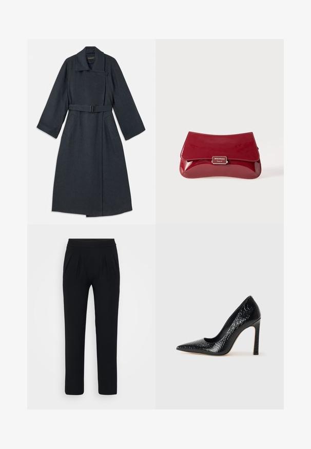 Tamno sivi kaput s visokim ovratnikom, remenom u struku, dva bočna džepa i širokim rukavima. Izrađen od teksturirane tkanine s čistim dizajnom.; Plava satenasta bluzica kratkih rukava s četvrtastim izrezom i zatvaranjem na zip. Glatka tekstura i lagano slobodan kroj.; Crne široke hlače od glatkog materijala. Imaju elastčnu struk i dva prednja nabora. Nema vidljivih uzoraka ili dodataka.; Crne visoke potpetice s oštrim prstima, od teksture krokodilske kože, elegantnog dizajna, visoke stiletto potpetice i glatkog crnog unutrašnjosti.; Crvena torbica od lakirane kože s zakrivljenim dizajnom, preklopom i metalnim logotipom na srebrnoj pločici. Glatka, sjajna tekstura.