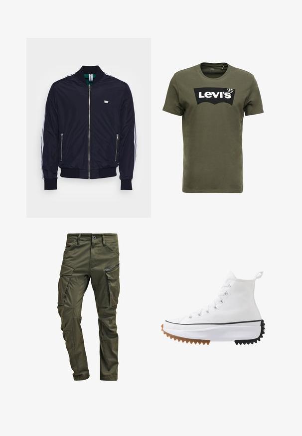 Antony Morato REVERSIBLE COAT SLIM FIT OUTSIDE IN TECHNO FABRIC PEACH TOUCH - Blusão aviador - ink blu; T-shirt de algodão verde oliva com um grande logo preto da Levi's na frente. Gola redonda clássica e mangas curtas, textura suave.; Calças cargo de verde oliva feitas de algodão resistente. Apresenta múltiplos bolsos, um bolso lateral com fecho de correr e pernas afuniladas com um acabamento ligeiramente texturizado.; Sapatilha alta branca com parte superior em lona, detalhes em borracha preta e castanha, sola serrilhada em destaque e ilhós prateados com atacadores.