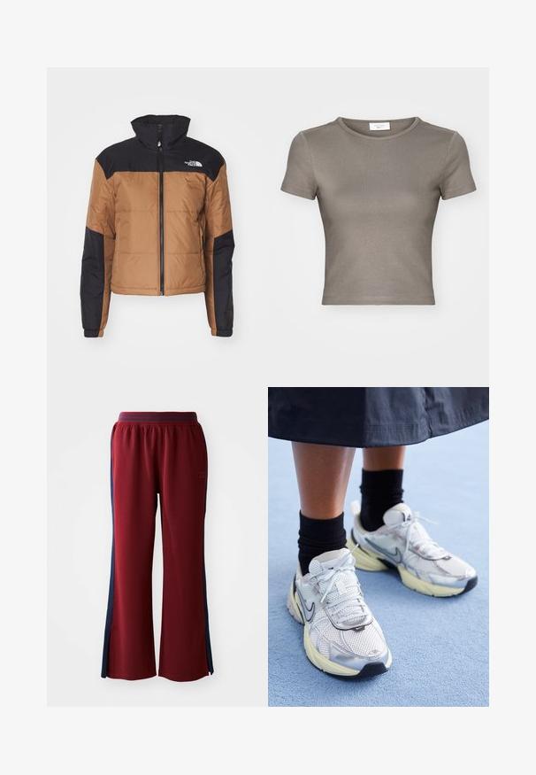 Brown and black puffer jacket with high collar, zip closure, padded texture, and logo on the upper left chest.; Short-sleeve, crew-neck T-shirt in taupe, made from smooth cotton. Features a fitted design and fine stitching along the hem and sleeves.; Red sweatpants with a loose fit, featuring navy blue side stripes and a wide leg design. Elastic waistband for comfort.; White and silver Nike sneakers with mesh fabric, reflective accents, and a beige sole. Worn with black socks, standing on a blue surface.