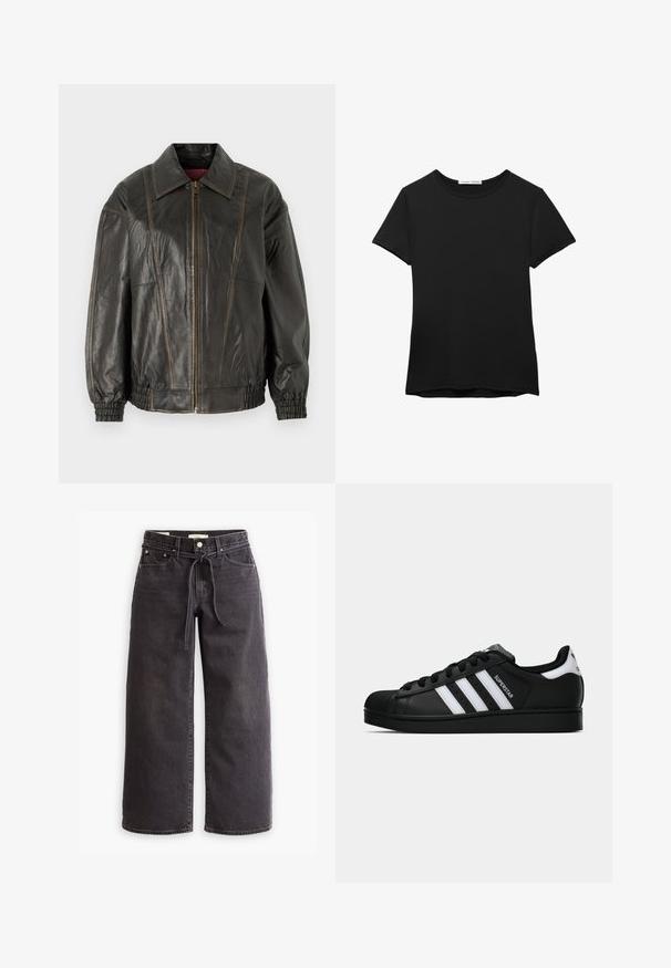 Giacca di pelle nera con colletto strutturato, zip frontale e polsini elasticizzati. Presenta cuciture a vista e una texture morbida.; T-shirt nera a maniche corte realizzata in tessuto liscio. Presenta un collo rotondo e una vestibilità comoda con orlo dritto.; Jeans neri a gamba larga in denim, con vita con coulisse, cinque tasche e dettagli di cuciture a contrasto. Design con davanti piatto.; Sneaker nera Adidas Superstar con strisce bianche, punta a conchiglia e testo "Superstar" su un lato, mostrata in profilo laterale su sfondo bianco.