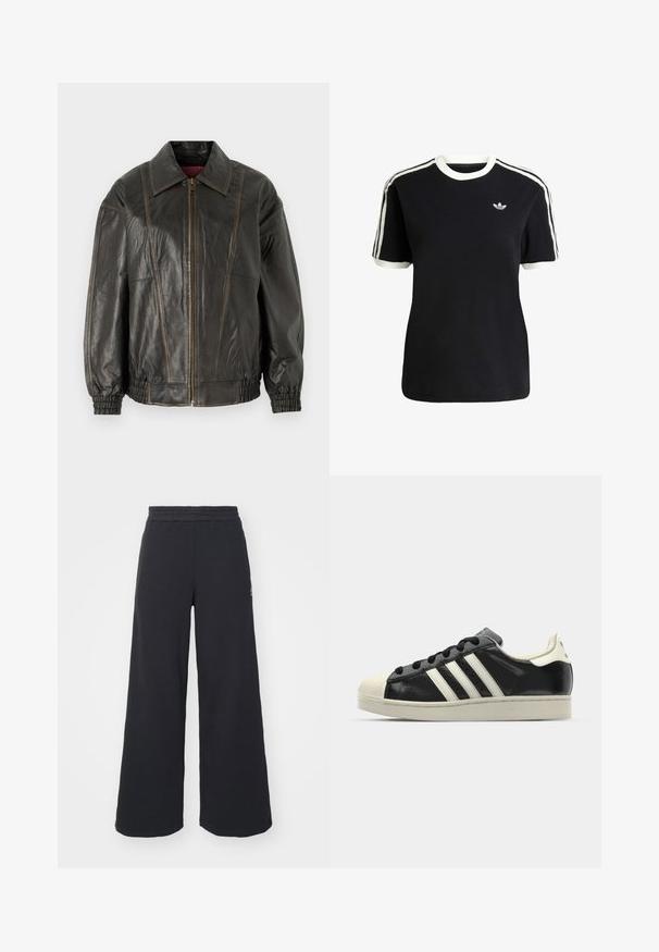 Veste en cuir noir avec un col structuré, fermeture éclair devant et poignets élastiqués. Elle présente des coutures visibles et une texture douce.; T-shirt en coton noir avec des accents blancs sur le col et les manches, arborant trois rayures blanches sur chaque épaule et un petit logo sur la poitrine.; Pantalons de survêtement larges noirs en tissu doux, dotés d'une taille élastique et d'un petit logo sur le côté gauche.; Baskets en cuir noir avec des rayures blanches, embout en caoutchouc, lacets noirs et semelle extérieure crème. Texture lisse avec une finition brillante.