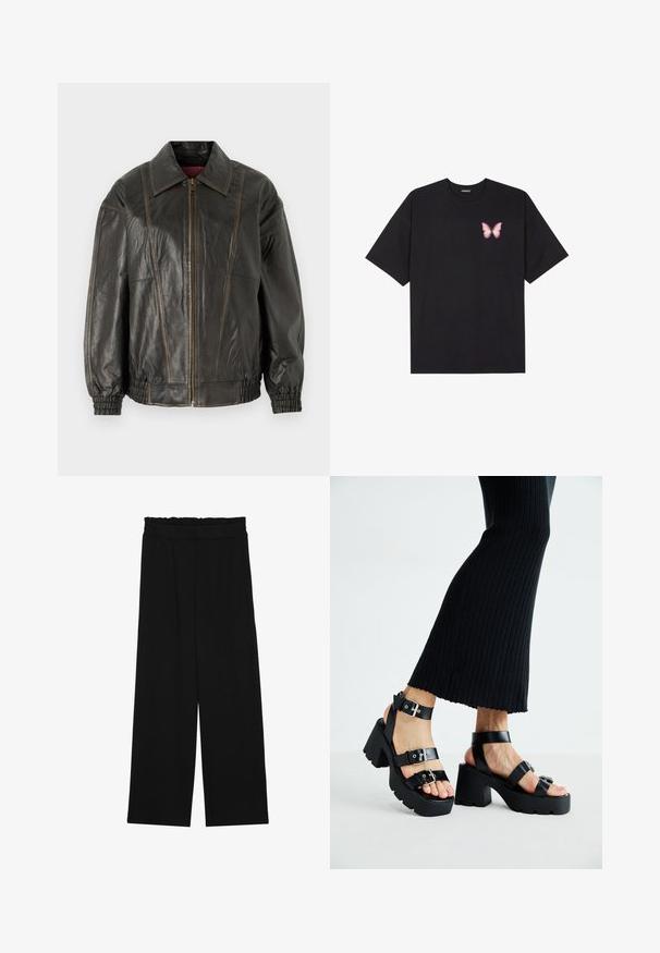 Crna kožna jakna sa strukturiranim ovratnikom, prednjim zatvaračem i elastičnim manžetama. Ima vidljive šavne i mekanu teksturu.; Crna pamučna majica s kratkim rukavima, s malim grafičkim prikazom ružičaste vjetricaste s desne strane na prsima. Dizajn s okruglim izrezom i opuštenim krojem.; Crne široke hlače s naboranim pojasom, koje imaju dva bočna džepa i glatku, laganu tkaninu. Nema vidljivih uzoraka ili metalnih dijelova.; Crne platforme sandale s debelim, nazubljenim potplatima i višestrukim trakama, s metalnim kopčama i glatkom teksturom koja podsjeća na kožu.