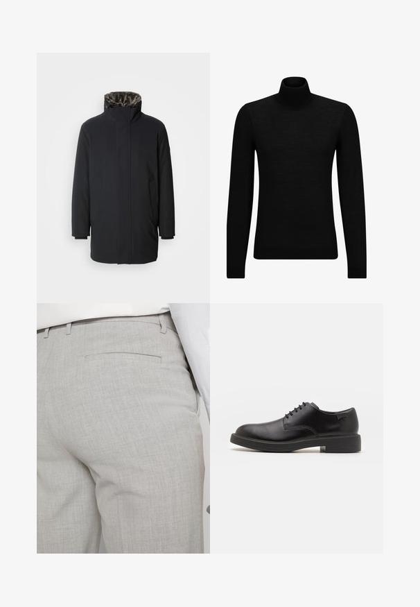 Strellson Cappotto invernale - black; Maglione a collo alto nero realizzato in materiale morbido, con maniche lunghe e vestibilità aderente. Bordo a coste all'orlo e ai polsini. Design semplice.; Pantaloni sartoriali grigio chiaro realizzati in tessuto strutturato, con una tasca posteriore singola e cuciture pulite.; Scarpa nera in pelle con lacci, punta tonda, texture liscia, cuciture minime e tacco in gomma basso. Logo sul tacco.