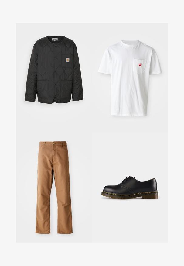 Black quilted jacket featuring a round neckline, button closure, and two front pockets. Includes a small logo patch on the chest.; White cotton t-shirt with a round neckline and short sleeves. Features a small red heart logo on the left chest pocket.; Brown straight-leg pants with belt loops, front pockets, button closure, and zipper fly on a white background.; Black leather shoe with rounded toe, lace-up design, yellow stitching along the sole, and a chunky, textured rubber outsole.