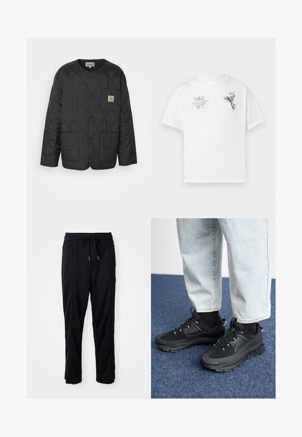 Jachetă neagră matlasată cu guler rotund, închidere cu buton și două buzunare frontale. Include un mic patch cu logo pe piept.; Tricou alb din bumbac cu un imprimeu grafic negru al unei figuri cu aripi și text, cu gât rotund și mâneci scurte.; Pantaloni casual negri cu șnur la talie, cu buzunare laterale și croială dreaptă, pe un fundal simplu.; Pantofi sport negri, cu țesătură texturată și tălpi din cauciuc, având șireturi elastice și un accent albastru pe toc. Purtați cu pantaloni din denim deschis.