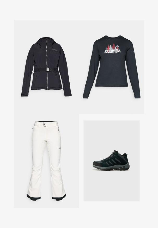 Must mustega jope kapuutsiga, ees luku ja rihmaga detail. Sisaldab küljetaskuid ja tekstuuriga kangast. Columbia logo rinnal.; Pikend varrukatega tumehall särk, millel on punaste puude ja mägede graafika; "COLUMBIA" logo julge valge tekstiga. Pehme kangas, tavaline ümmargune kaelus.; Valged suusapüksid, mis on valmistatud pehmest ja paindlikust materjalist. Omavad vormitud talje, laiu flöödid ja musta äärist varrukatel. Brändi logo on nähtav.; Columbia REDMOND - Matkajalatsid - black/citron haze