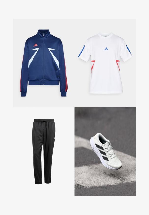 Tamno plava sportska jakna s visokim ovratnikom, zatvaranjem na zatvarač, svijetloplavim detaljima i crvenim prugama na rukavima. Napravлена je od glatkog, rastezljivog materijala.; Bijela atletska majica od lagane mrežaste tkanine, s plavim naglascima na rukavima i crvenim trokutastim uzorcima sa strane. Prikazan Adidas logo.; Crne atletske hlače s elastičnim pojasom, vezicom, manžetama na gležnjevima i malim bijelim logom na desnom bedru.; Bjela atletska cipela s mrežastim gornjim dijelom s teksturom, crnim prugama, vezanjem na vezice i podstavljenim potplatom, lebdi iznad označene ceste.